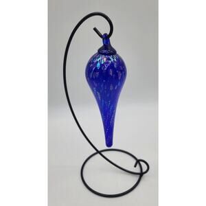 Hand Blown Glass Christmas Ornament & Stand Cobalt Blue Iridescent Patches 7" L